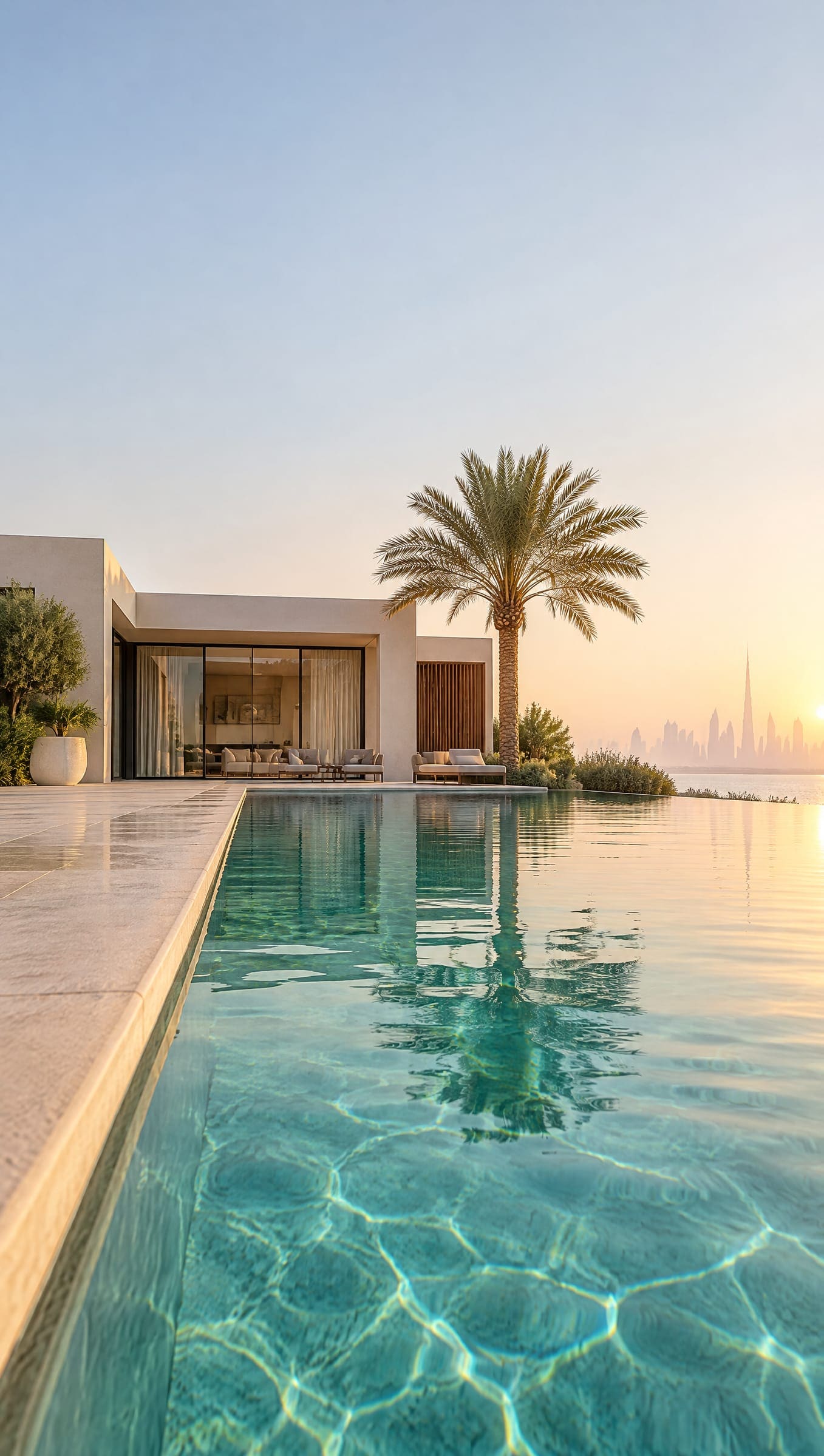 Villa pool in Dubai at sunrise with the skyline in the haze