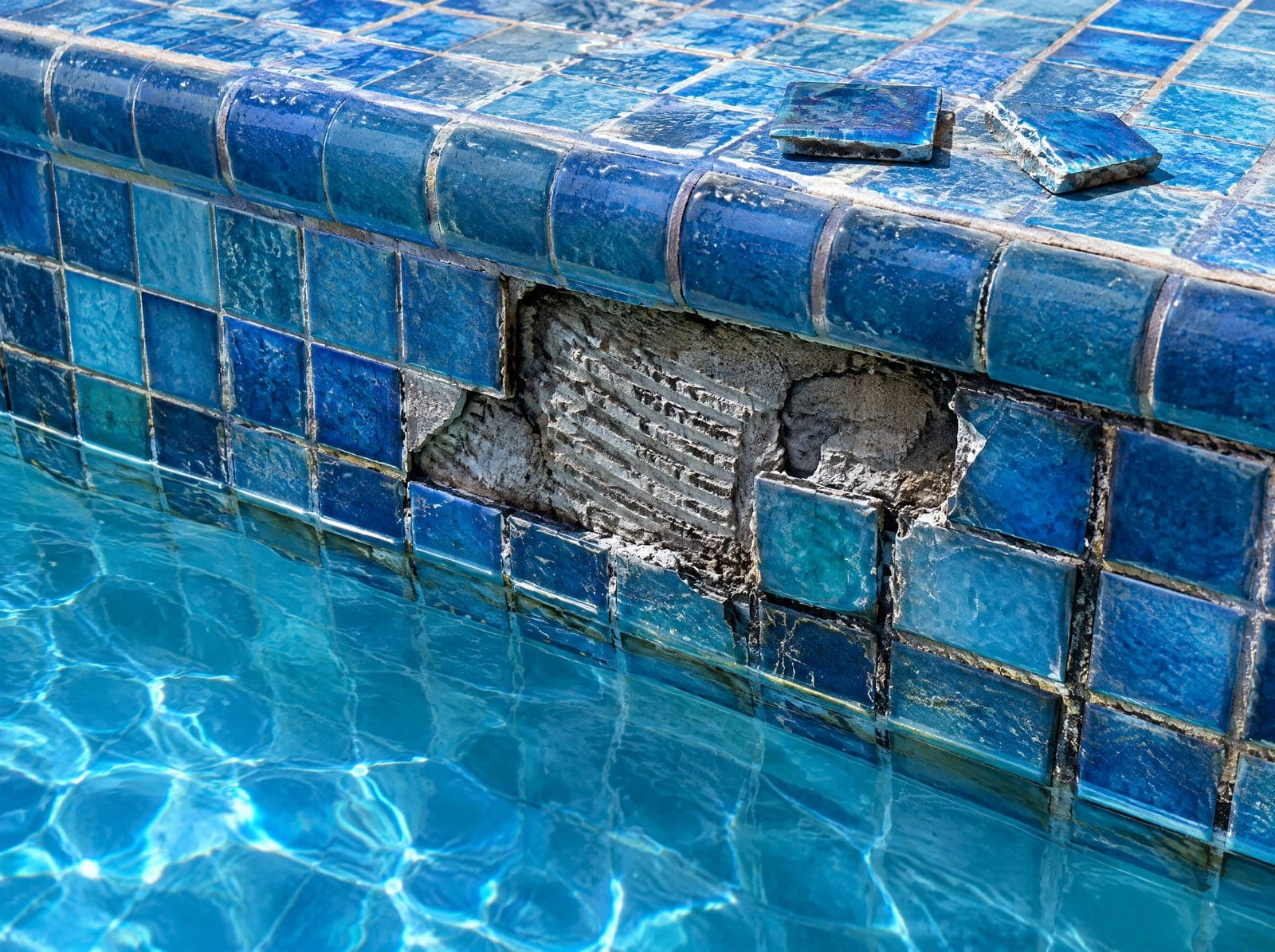 Loose and missing blue mosaic tiles at the waterline of a pool