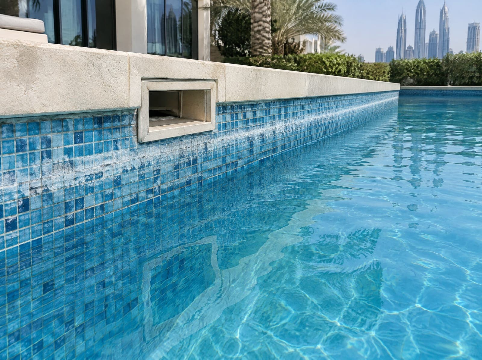 Pool with the water level below the skimmer and a pale stain band on the tiles