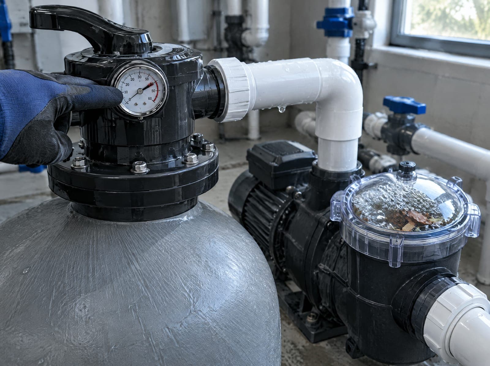 Hand tapping a high pressure gauge on a sand filter next to a pump with air in the strainer
