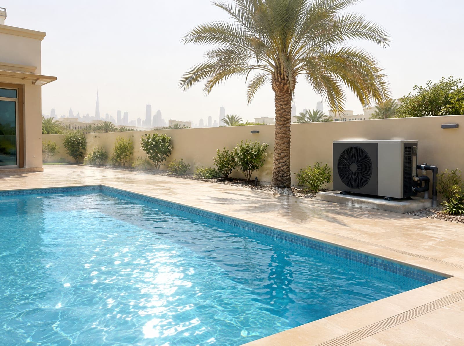 Villa pool in harsh midday sun with a pool chiller beside it