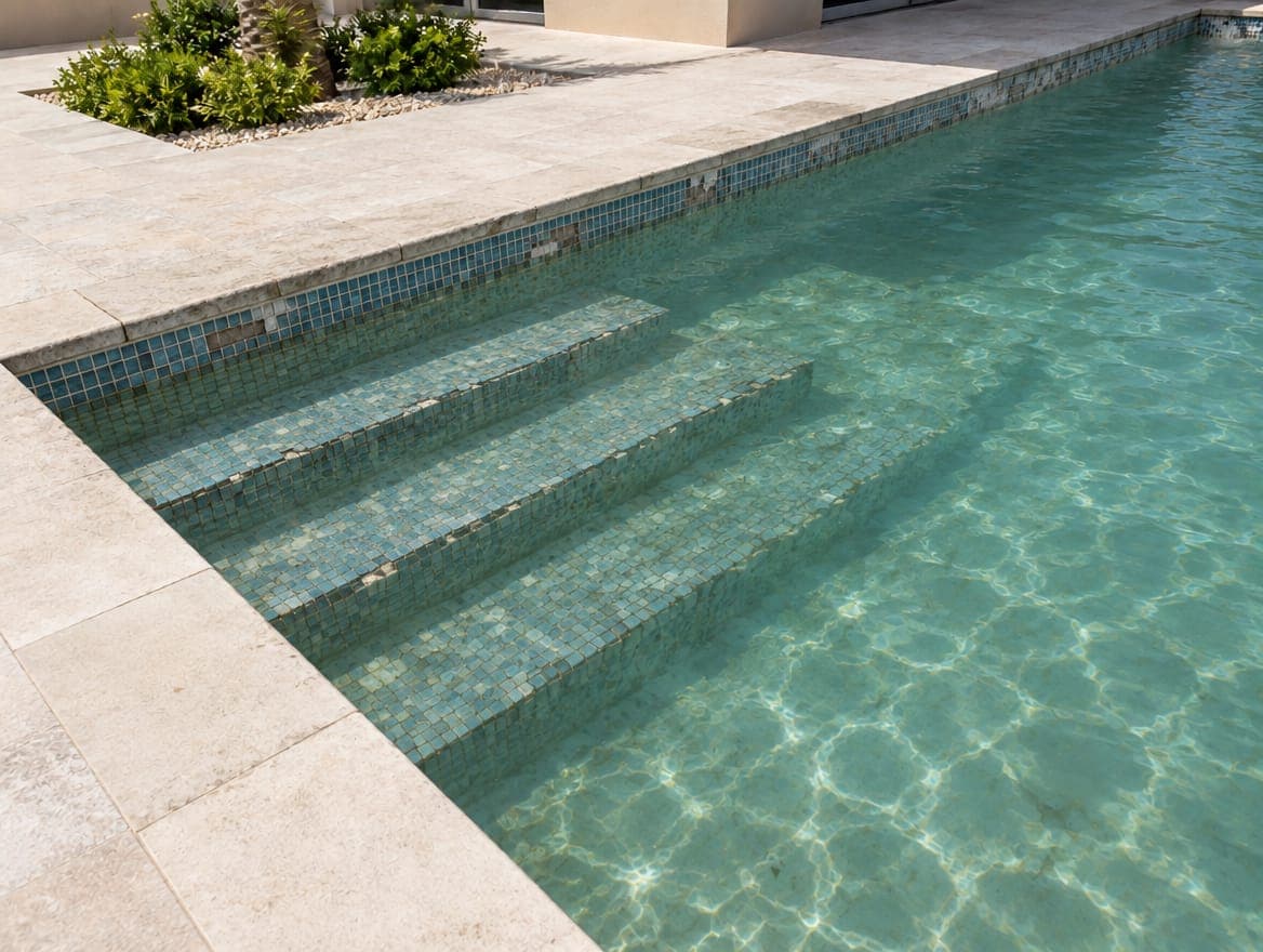 Before: Re-tiling a villa pool with failed mosaic
